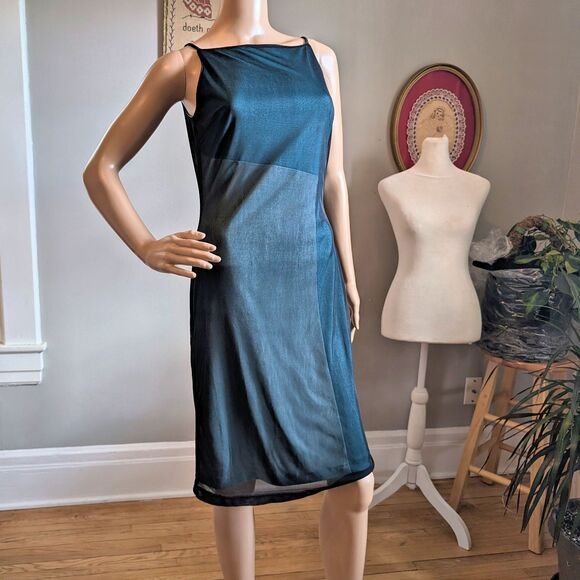 Vintage 90s Y2K Express Mini Dress Party Mesh Blue Cocktail Prom Mod Size 1/2 - Picture 1 of 12